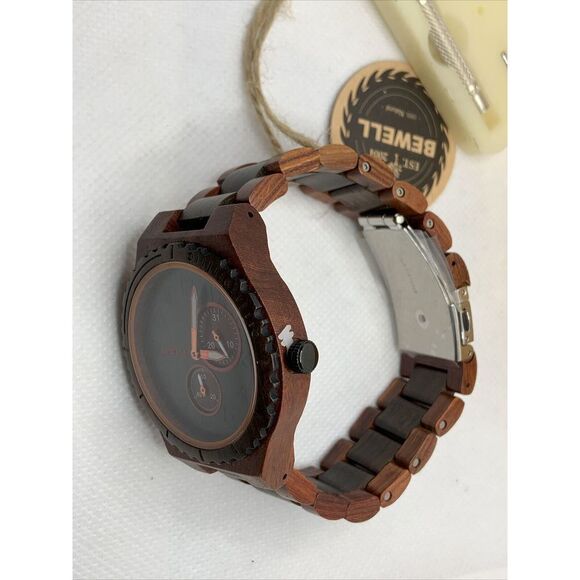 BEWELL W154A Men's Red/Black Sandalwood Analog Dial Quartz Wrist Watch YR43 - Picture 7 of 11